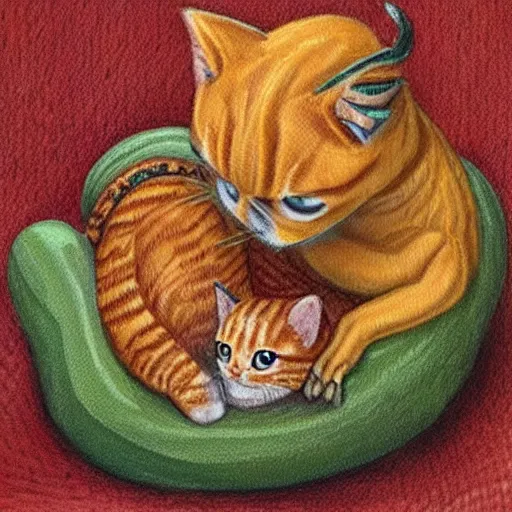 Image similar to tiny dragon cuddling an orange tabby cat, cozy, realistic