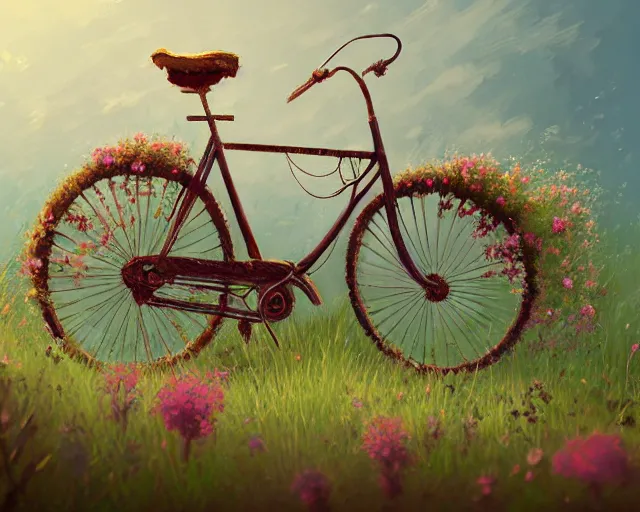 Prompt: old bicycle overgrown with weeds and flowers, sylvain sarrailh, artstation, petros afshar