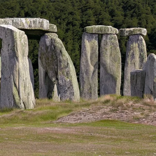 Prompt: A rock giant that looks like Stonehenge is really a standing stone monument that is pushing against the ground to stand up and walk away. Dirt is shifting and falling down the sides and a stone face is visible.