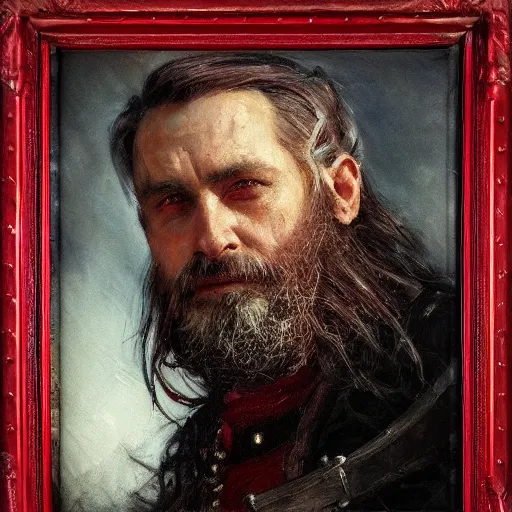 Image similar to Solomon Joseph Solomon and Richard Schmid and Jeremy Lipking victorian genre painting portrait painting of a old rugged movie actor medieval knight character in fantasy costume, red background