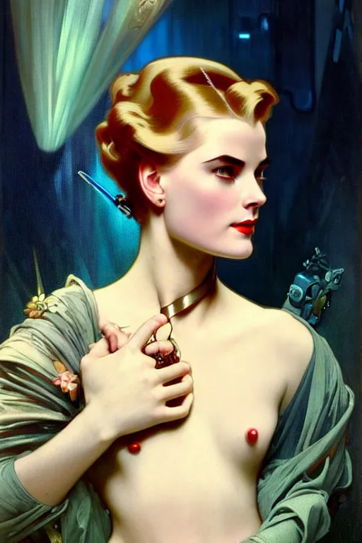 Image similar to young and beautiful evil cyborg grace kelly by steichen from the future in the style of tom bagshaw, alphonse mucha, gaston bussiere, cyberpunk. anatomically correct surreal body mods. extremely lush detail. masterpiece. melancholic scene infected by night. perfect composition and lighting. sharp focus. high contrast lush surrealistic photorealism. sultry expression on her face.