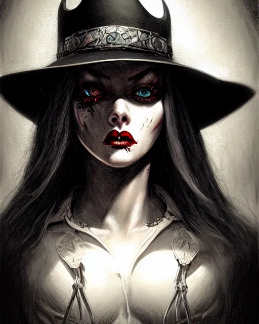 Image similar to ashe from overwatch, cowgirl, black cowboy hat, white hair, character portrait, portrait, close up, concept art, intricate details, highly detailed, horror poster, horror, vintage horror art, realistic, terrifying, in the style of michael whelan, beksinski, and gustave dore