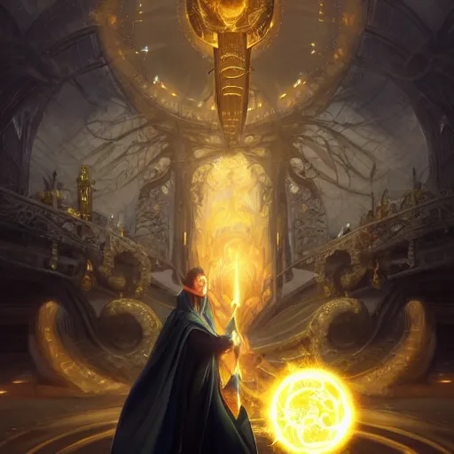 Prompt: mage, dynamic pose full body, left hand holding a fractal golden fireball spell , flowing robes, black and golden cloak, black skin gorgeous, Octane render, rule of thirds, golden ratio, Peter Mohrbacher