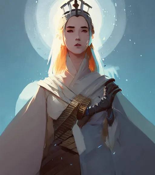 Image similar to portrait of a female sword immortal queen in amazing dress 汉 服 by atey ghailan, by greg rutkowski, by greg tocchini, by james gilleard, by joe fenton, by kaethe butcher, dynamic lighting, gradient light blue, brown, blonde cream and white color scheme, grunge aesthetic