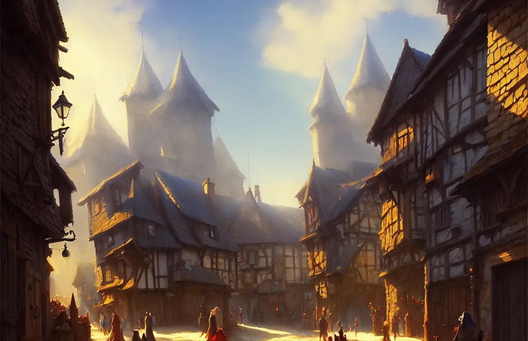 Image similar to medieval village street scene, blue sky, fantasy, concept art, low angle, highly detailed, warm lighting, volumetric, godrays, vivid, trending on artstation, by jordan grimmer, greg rutkowski