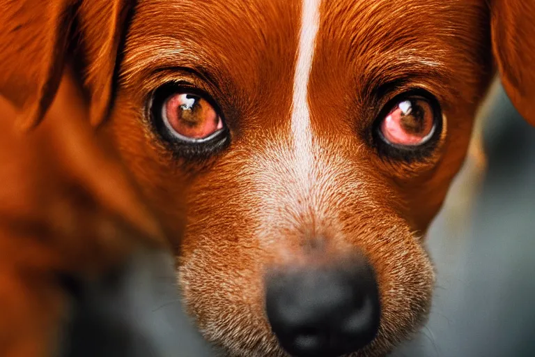 Image similar to closeup potrait of orange dog with crazy bulging eyes, licking its own nose, photograph, natural light, sharp, detailed face, magazine, press, photo, Steve McCurry, David Lazar, Canon, Nikon, focus