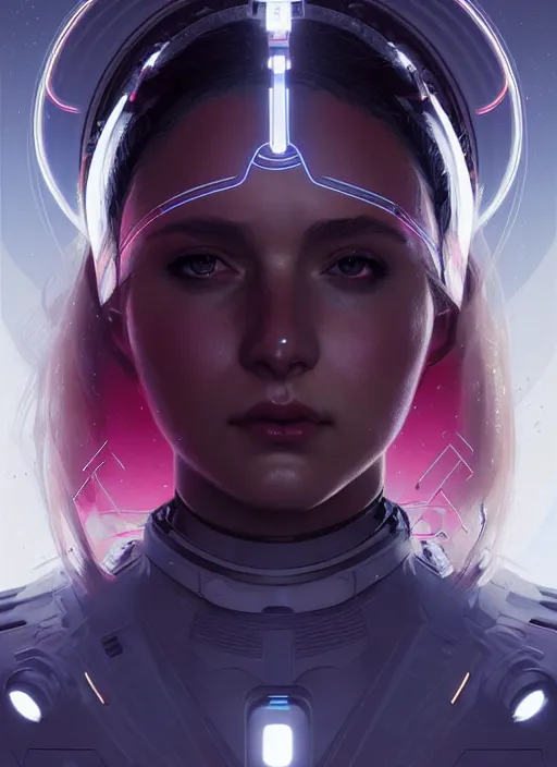 Image similar to symmetry portrait of a female future soldier, sci - fi, tech wear, glowing lights intricate, elegant, highly detailed, digital painting, artstation, concept art, smooth, sharp focus, illustration, art by artgerm and greg rutkowski and alphonse mucha
