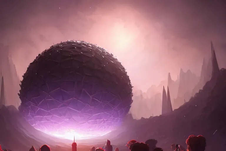 Image similar to D&D party faces a giant Dyson Sphere Megastructure Ominously Glowing, digital art, dark atmosphere by Marby Kwong, (((((((Makoto Shinkai Raphael Lacoste Martin Deschambault Finnian MacManus ArtStationhq IAMAG