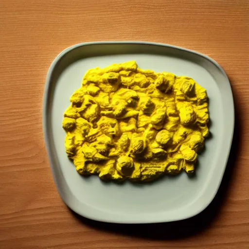 Image similar to Contemporary art piece of scrambled eggs exhibited in a museum