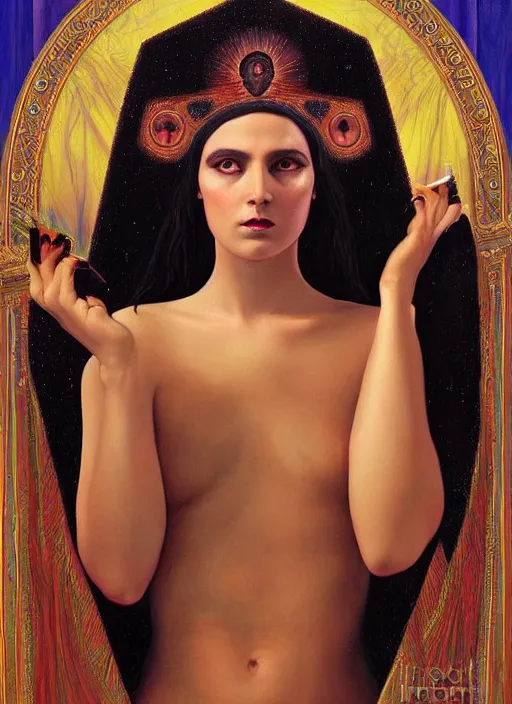 Image similar to acid tripping cult magic psychic woman, third eye, occult ritual, dark witch headdress, oil painting, robe, symmetrical face, greek dark myth, by John William Godward and Anna Dittman, masterpiece