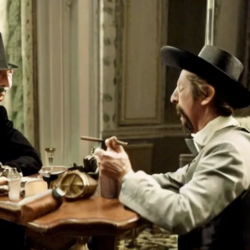 Image similar to jean rochefort and mathieu amalric, symmetric, realistic, realism, early 2 0 th century gentlemen, sitting at coffee table, smoking a cigar. top hat on the table