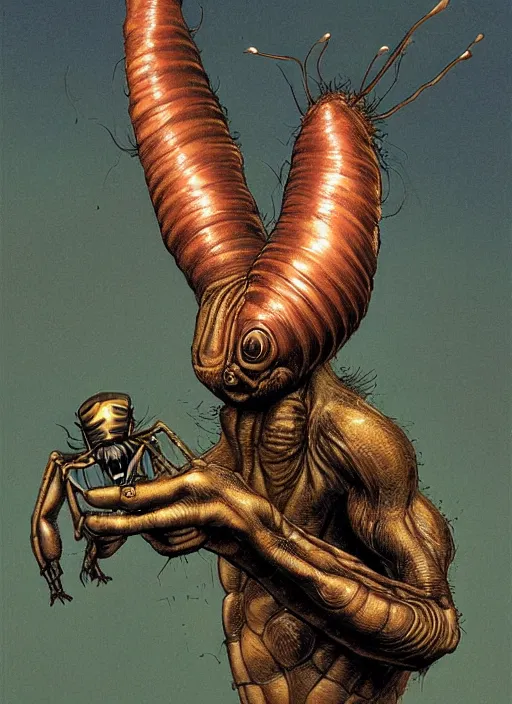 Prompt: insectoid fly - man hybrid with proboscis, against dark background, fluid, smooth, organic, crazy, high contrast, sharpness, dramatic, by greg rutkowski and siudmak and richard corben and moebius