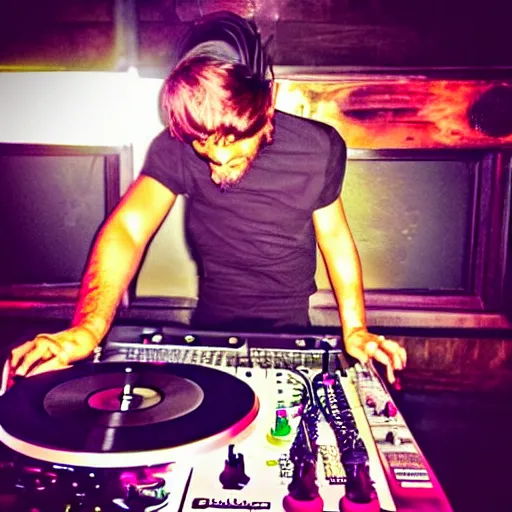 Image similar to instagram photo of a dj hip hop grizzly bear spinning turn tables and holding a microphone