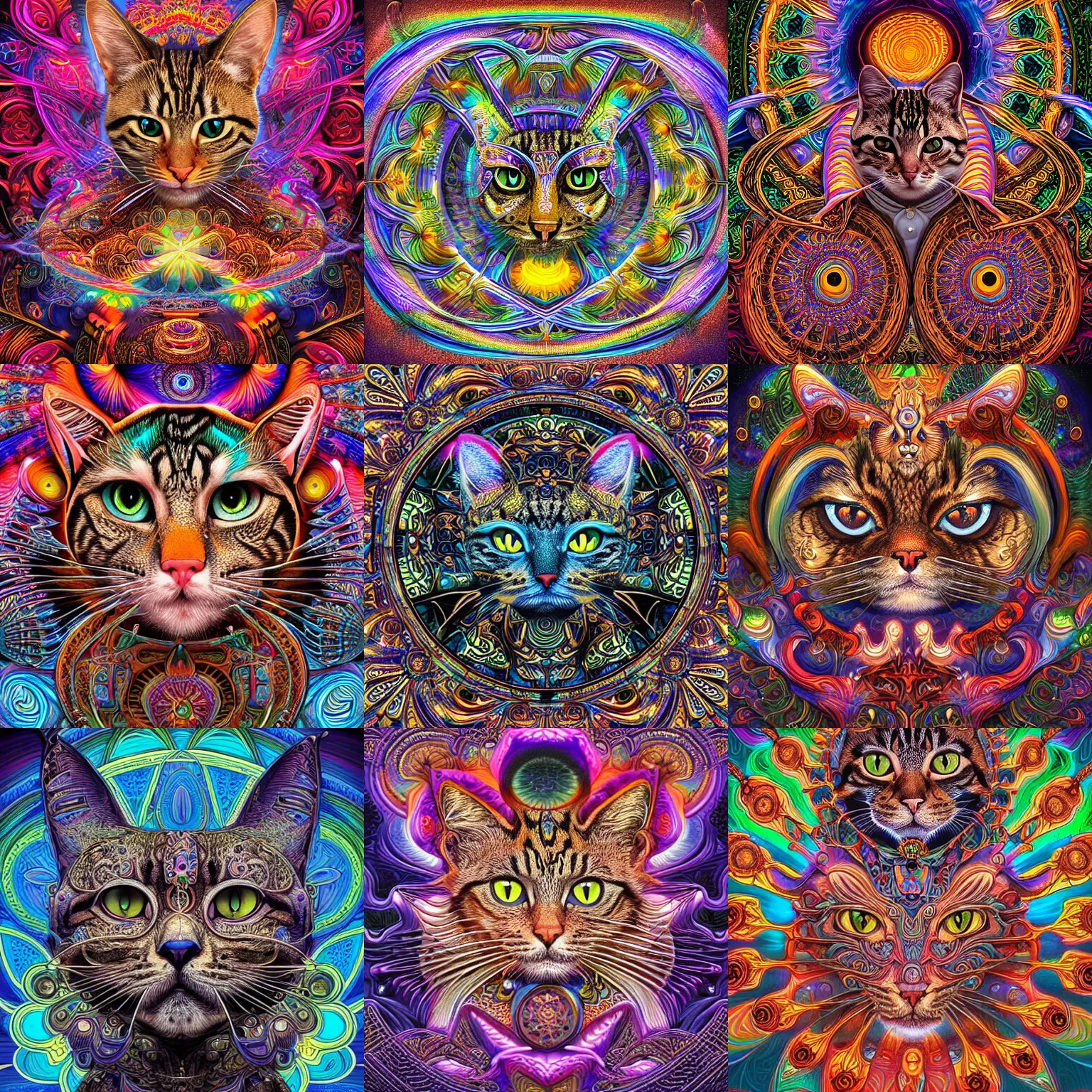 Prompt: a intricate ornate psychedelic image of a cat shaman, digital art by artgerm, alex grey, dan mumford, felix kelly, psychedelic art, psychedelic, fractalism, fractals, sacred geometry, trending on artstation, hyper realism, highly detailed, cgsociety, octane render, 3 d