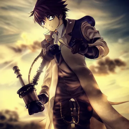 Prompt: anime man with a steampunk prosthetic arm, handsome, finely detailed, cinematic lighting, clouds, sky, sunlight, anime,