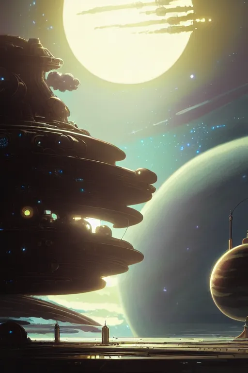 Image similar to steampunk spaceship infront of a planet, exquisite details, denoised, mid view, by karl kopinski, artsation, greg rutkowski, makoto shinkai, takashi takeuchi, studio ghibli