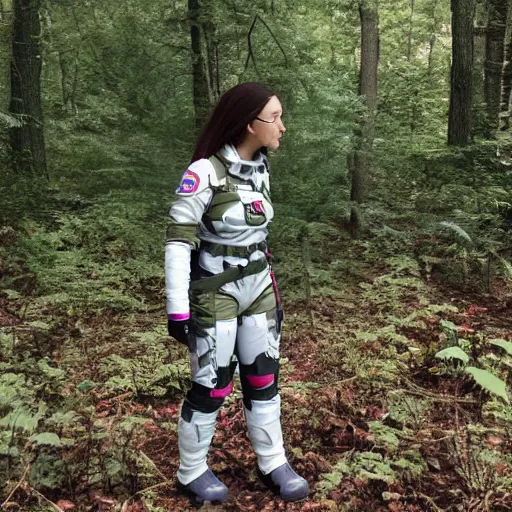 Image similar to a female space scout wearing a camo uniform with white armor exploring a forest planet