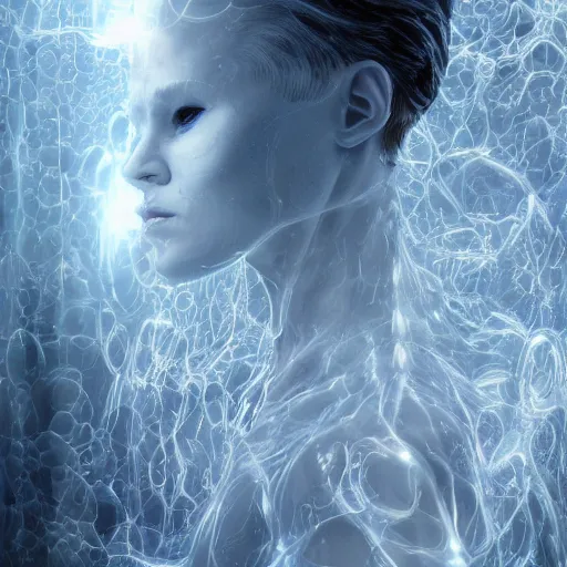 Prompt: albinowoman suspended weightless in water inside glass tank. wearing light blue complex hyperdetailed technical suit. white hair flowing. reflection. rays and dispersion of light. volumetric light. 5 0 mm, f / 3 2. noise film photo. ultra realistic, wide angle. wayne barlowe, hajime sorayama aaron horkey, craig mullins