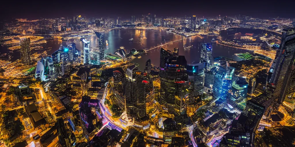 Prompt: futuristic singapour view at night from a plane, hdr