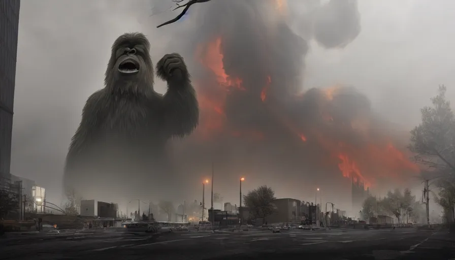 Image similar to giant bigfoot destroying wahsington dc, fire, ashes, collapsing, fog, grey sky, smoke, buildings, hyperdetailed, artstation, cgsociety, 8 k