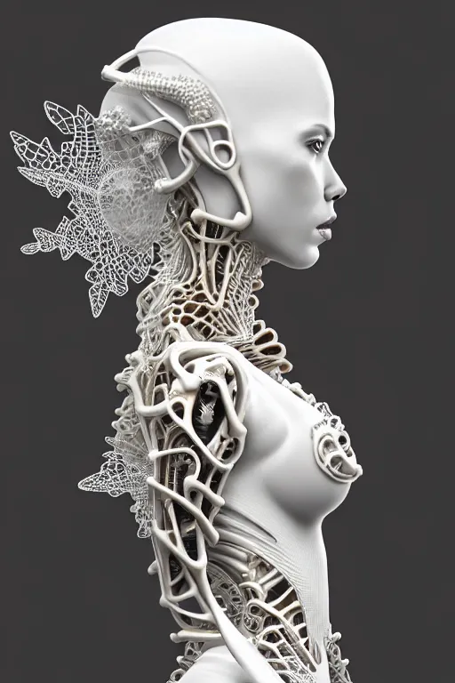 Image similar to bw 3 d render, stunning beautiful young biomechanical albino female cyborg with a porcelain profile face, angelic, rim light, big leaves and stems, roots, fine foliage lace, alexander mcqueen, art nouveau fashion embroidered, steampunk, silver filigree details, hexagonal mesh wire, mandelbrot fractal, elegant, artstation trending