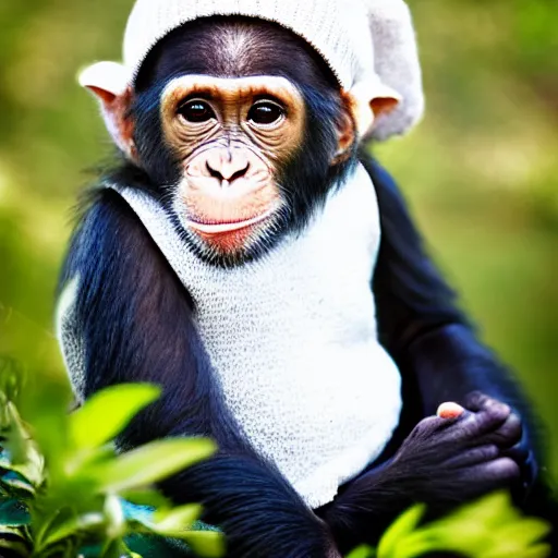 Image similar to cute chimpanzee using a wool cap. Studio photography