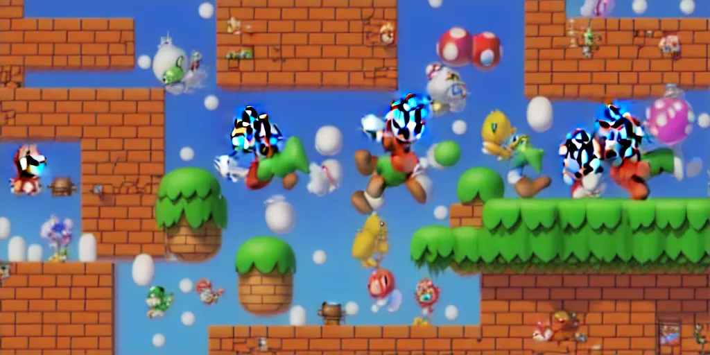 Image similar to super mario bros. fighting with ulrtraman fly to universe, 8 k