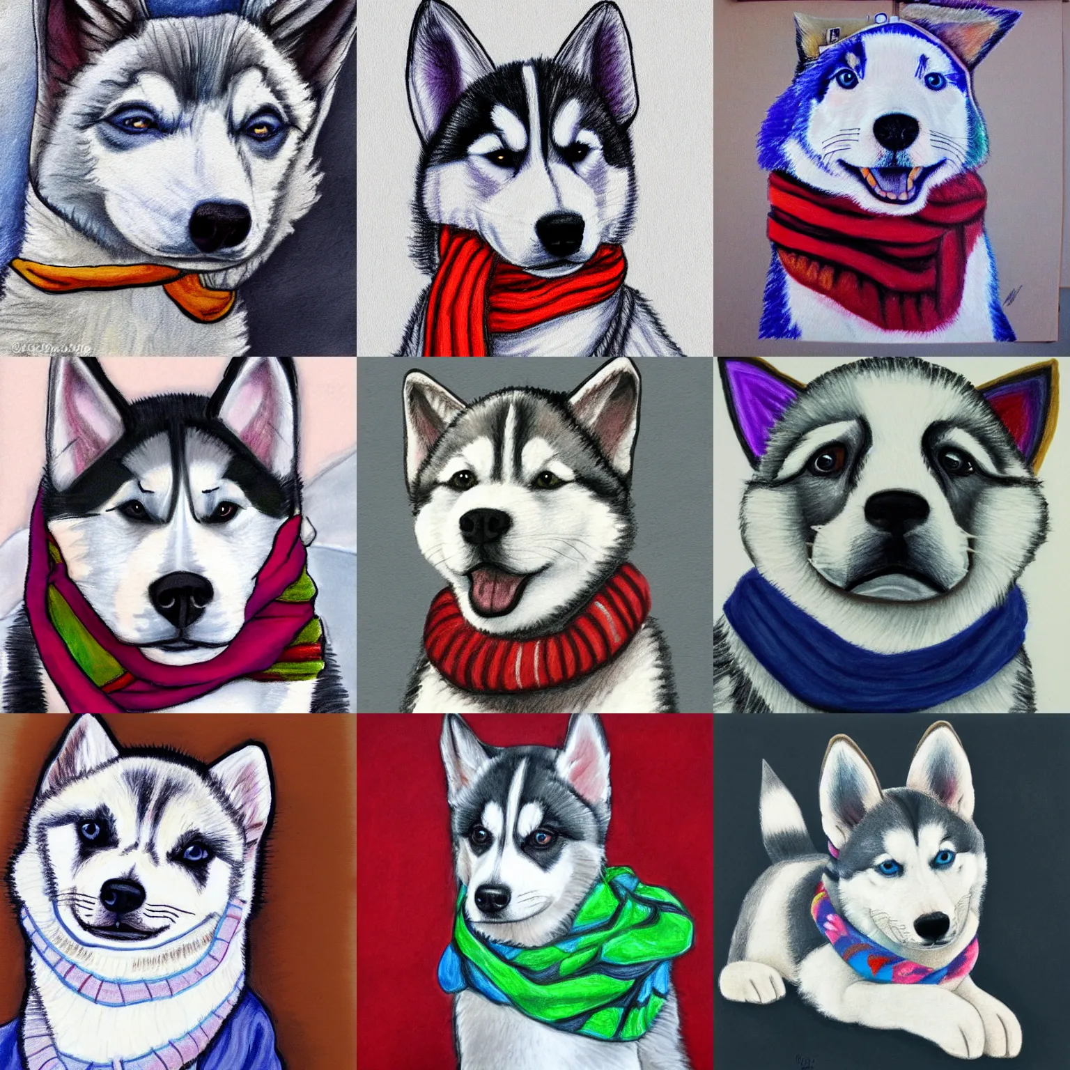 Prompt: hand drawn painting of a puppy husky wearing a scarf , in front of effiel twoer