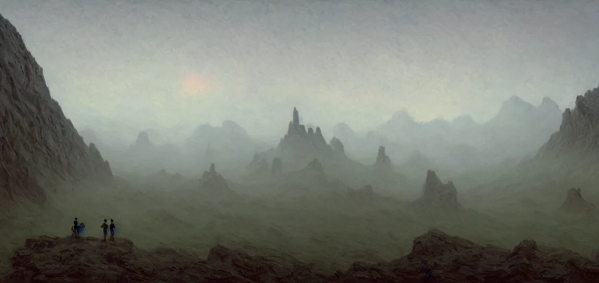 Prompt: A Spiritual landscape by the ancient masters, the sky is dark, the world is covered with fog, and two figures can be seen standing in the midst of it. The background is completely covered with an endless series of mountains and towers, with only their tops standing out from the fog by Simon Stålenhag and Claude Monet.