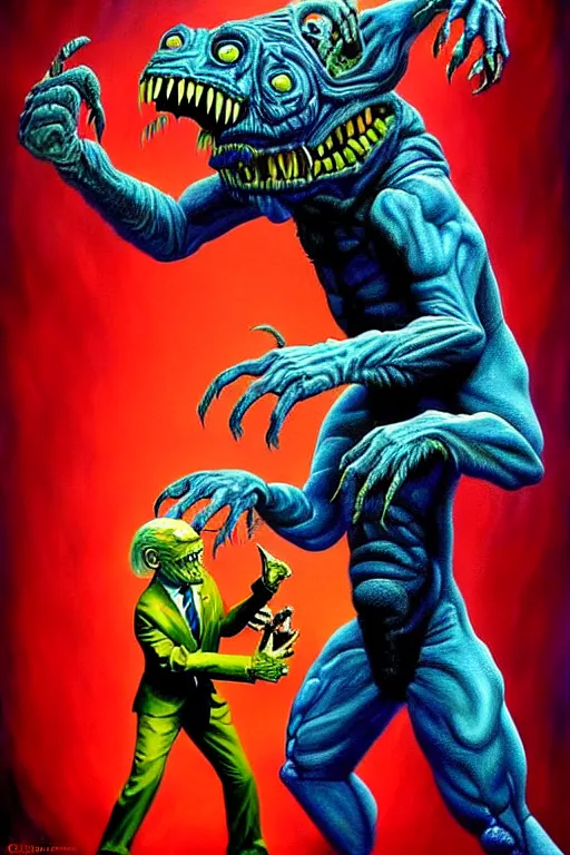 Image similar to a hyperrealistic painting of a epic boss fight against joe biden creature, cinematic horror by chris cunningham, lisa frank, richard corben, highly detailed, vivid color,