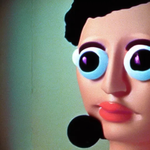 Prompt: glamorous woman with an inflatable spherical prosthetic nose, circular googly eyes, 1 9 7 2, color, fassbinder, medium - shot 1 6 mm film, interior room