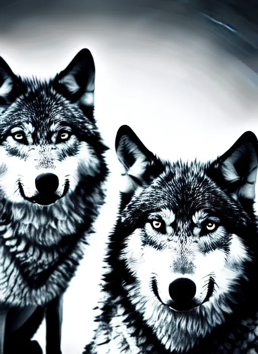 Image similar to two wolves black and white portrait white sky in background