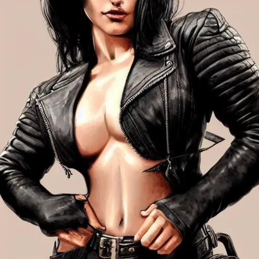 Image similar to a black haired woman in a leather jacket, muscular upper body, abs, d & d, fantasy, intricate, elegant, highly detailed, digital painting, artstation, concept art, smooth, sharp focus, illustration, art by mike deodato