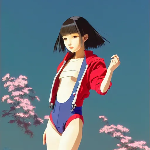 Image similar to a beautiful japanese natalie portman gravure model, wearing oversized native designer bomber jacket and leotard with overalls, bulky poofy bomber jacket with mesoamerican patterns, mesoamerican native street fashion, gapmoe yandere grimdark, trending on pixiv fanbox, painted by greg rutkowski makoto shinkai takashi takeuchi studio ghibli, akihiko yoshida