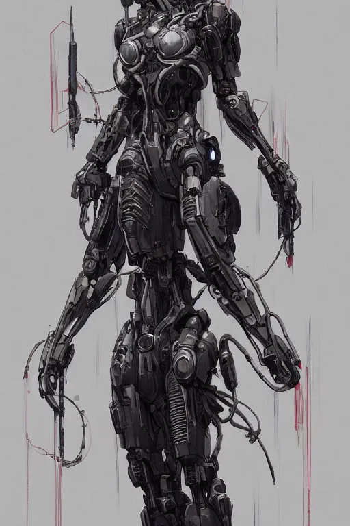 Prompt: very symmetrical!! full body illustrations of mecha, pen and ink, moderately detailed, by james gurney, by greg rutkowski, concept art, cyberpunk witch woman, cable tentacle, corset, artstation, deviantart, pinterest, unreal engine