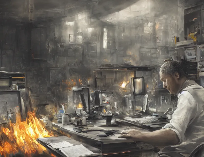 Image similar to a man works at a workstation in a very big office with burning fires, close up, featured in artstation, intricate, ultra detailed, digital painting, concept art, wide - angle lens, sharp focus, illustration, 8 k