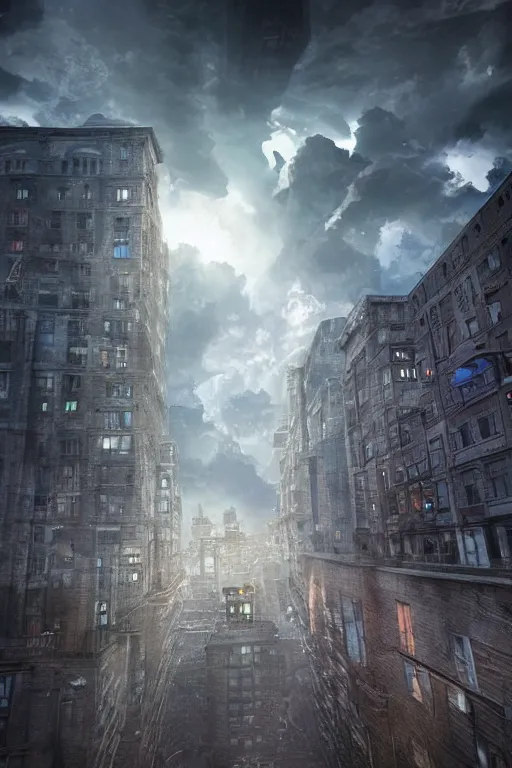 Prompt: a hole in the sky consuming an entire city, dynamic lighting, photorealistic digital art, mysterious