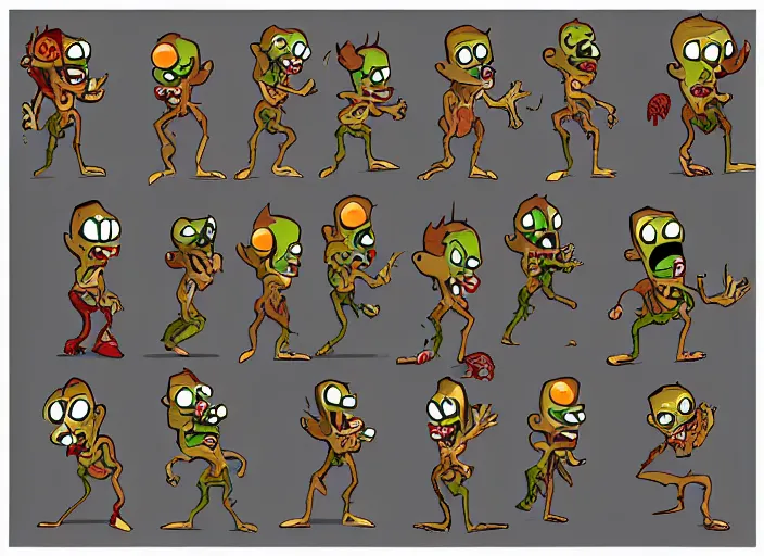 Image similar to sprite sheet of a zombie walking in cuphead, 6 frames, trending on artstation, video game