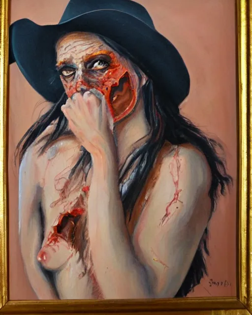 Image similar to scarred cowgirl, oil painting