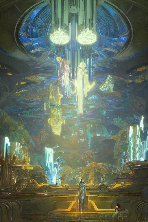 Image similar to Concept Digital Art Highly detailed Alien Art Deco Cybertron lazy river inside of the Palace of the Primes with glowing blue water at night by greg rutkowski, Ilya repin, alphonse mucha, and Edmund Blair Leighton. Very highly detailed 8K, octane, Digital painting, the golden ratio, rational painting