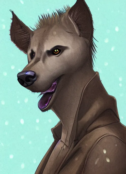 Image similar to digital artwork of anthromorphic hyena female, fursona, furry fandom, rainy cyberpunk setting, anthro, wearing large raincoat, detailed face,