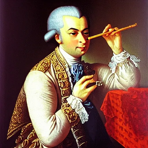 Image similar to “ wolfgang amadeus mozart eating a chocolate ball. he's wearing a powder wig and an expensive looking coat. he looks like he's savouring the taste of the chocolate. the background is out of focus, coloured deep velvet, photorealistic oil painting ”