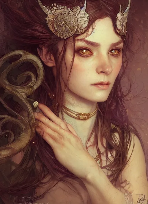 Image similar to portrait of beautiful cute goblin girl, fantasy, D&D, intricate, elegant, highly detailed, digital painting, artstation, concept art, smooth, sharp focus, illustration, art by artgerm and greg rutkowski and alphonse mucha and Gustav Klimt