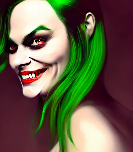 Prompt: vampire Margot Robbie, green hair, evil smile, realistic character concept, medium shot, fun pose, comic book, illustration, slender symmetrical face and body, artstation, cinematic lighting, hyperdetailed, cgsociety, 8k, high resolution, Charlie Bowater, Tom Bagshaw, single face, insanely detailed and intricate, beautiful, vfx, postprocessing