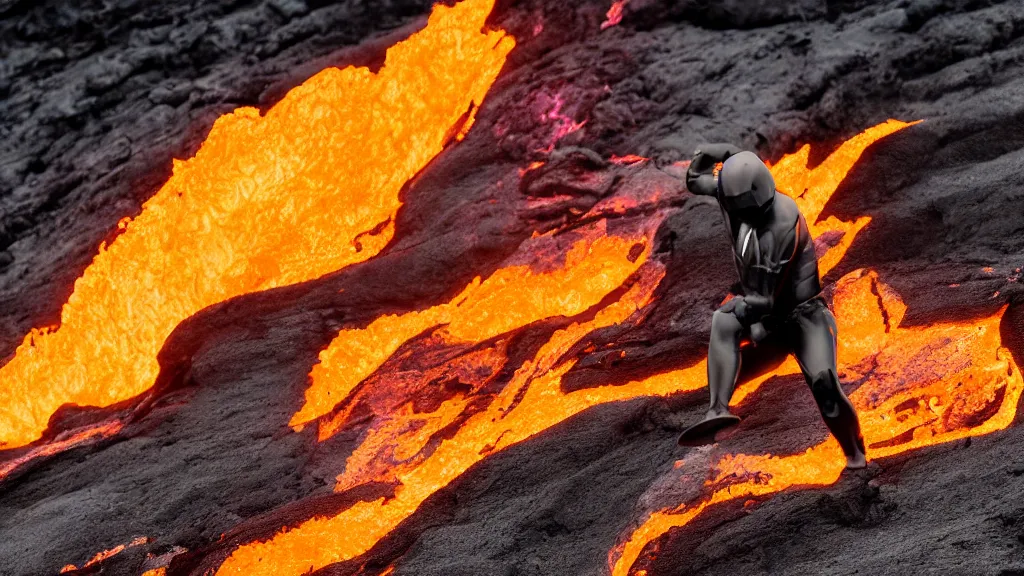 Prompt: person in armor surfing down a river of lava on the side of a volcano on surfboard, action shot, dystopian, thick black smoke and fire, motion blur, sharp focus, cinematic, closeup