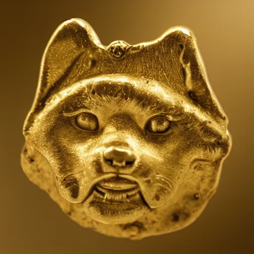 Image similar to an ancient roman gold coin with the face of a shiba inu, close up photo, ultra realistic, studio photo, bokeh. intricate details.