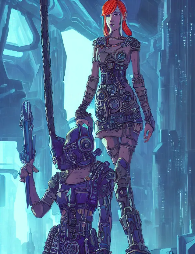 Prompt: viking scifi pricess of the bluewood fjords, wearing a lovely dress with cyberpunk details. this oil painting by the award - winning mangaka has an interesting color scheme and impeccable lighting.