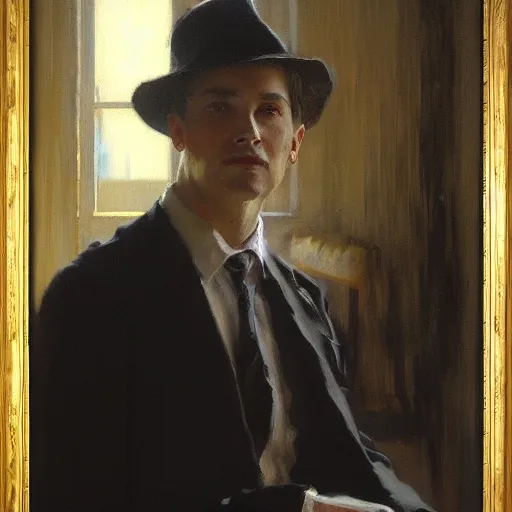 Image similar to detailed portrait of man in black suit, spring light, painting by gaston bussiere, craig mullins, j. c. leyendecker