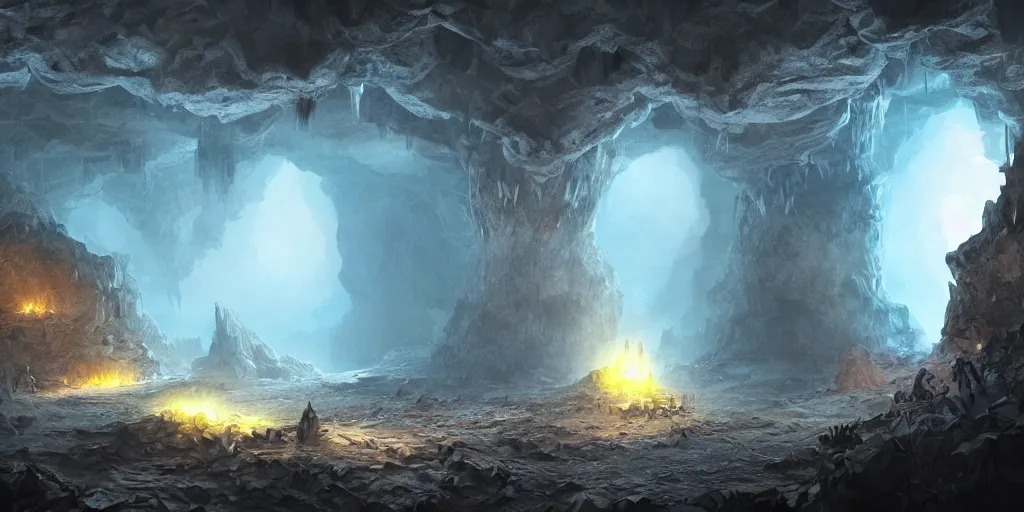 Prompt: fantasy matte painting of a cave with glowing crystals on the walls and piles of bones on the floor, fantasy, sharp focus, artstation