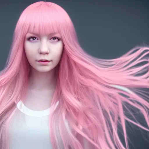 Image similar to A portrait of Nikki from Shining Nikki, a 3d cgi toon young woman with long pink hair, full bangs, amber eyes, pale skin, Chinese, medium shot, mid-shot, soft focus, 4k, trending on artstation